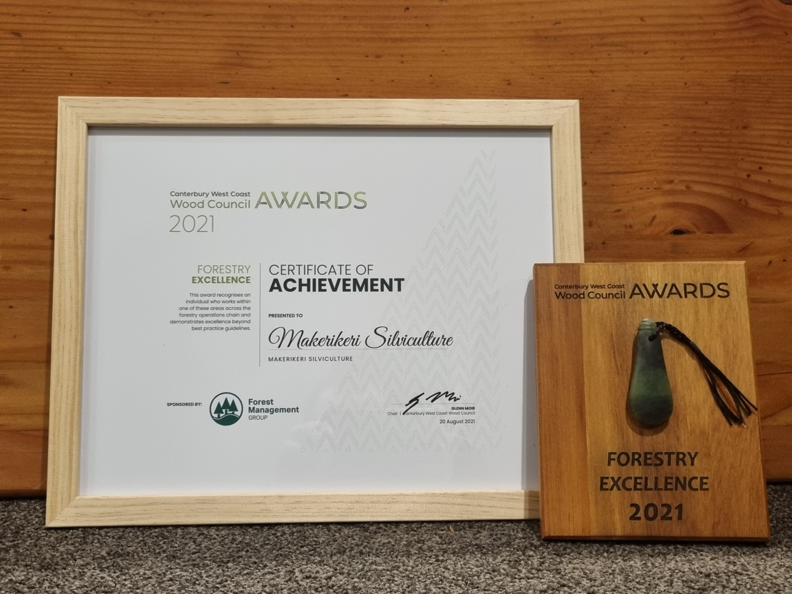Canterbury West Coast Wood Council Forestry Excellence Award 2021 — Certificate of Achievement presented to Makerikeri Silviculture